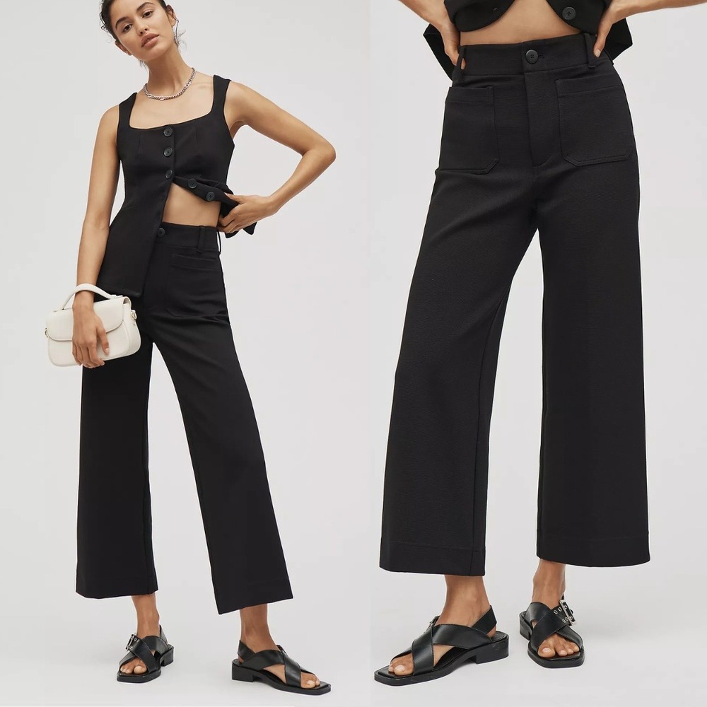Maeve Anthropologie The Colette Wide Leg Pants Black High Rise Cropped Size 25
